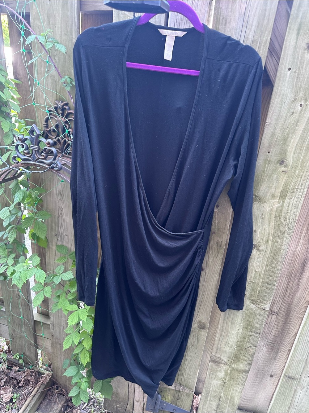 Black Draped Long Sleeve Faux Wrap Dress XL